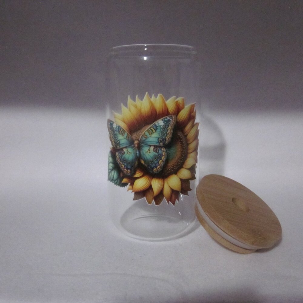 Butterfly Sunflower Glass Can Cup.